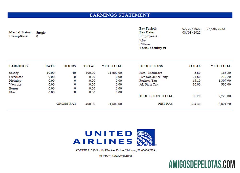 Esboço de pagamento da United Airlines Holdings Airlines Company dos EUA exemplo real